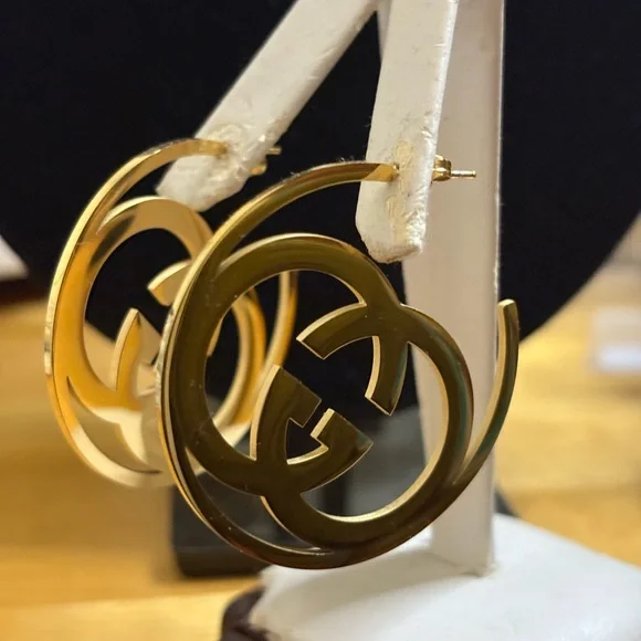 Elegant Gold Logo Hoop Earrings - Picture 1 of 6